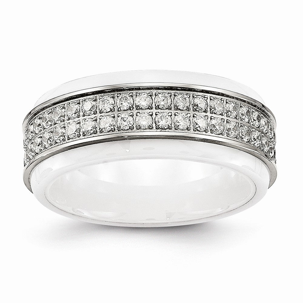 Stainless Steel Polished White Ceramic CZ Ridged edge Ring