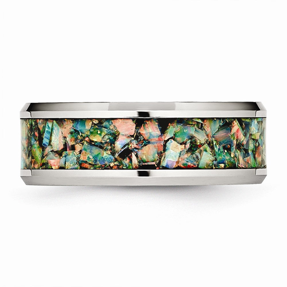 Stainless Steel Men's Wedding Band with Polished Finish Opal Accent