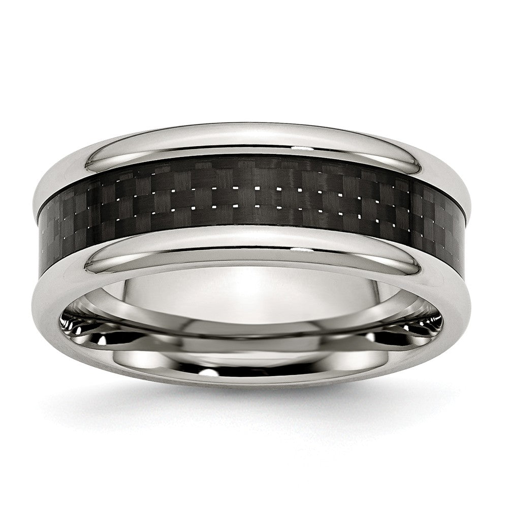 Stainless Steel Wedding Band with Black Carbon Fiber Inlay Engravable - 7 - 7