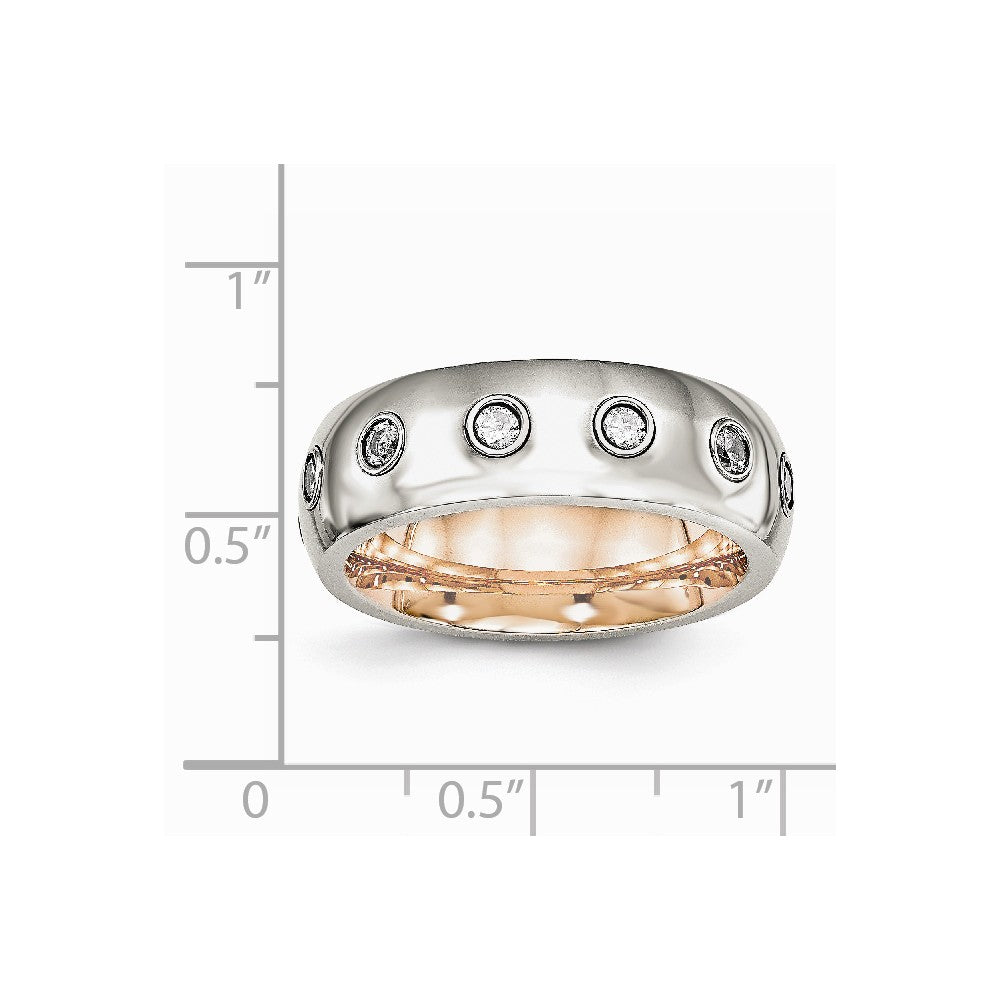 Stainless Steel Polished Rose IP CZ Half Round Ring