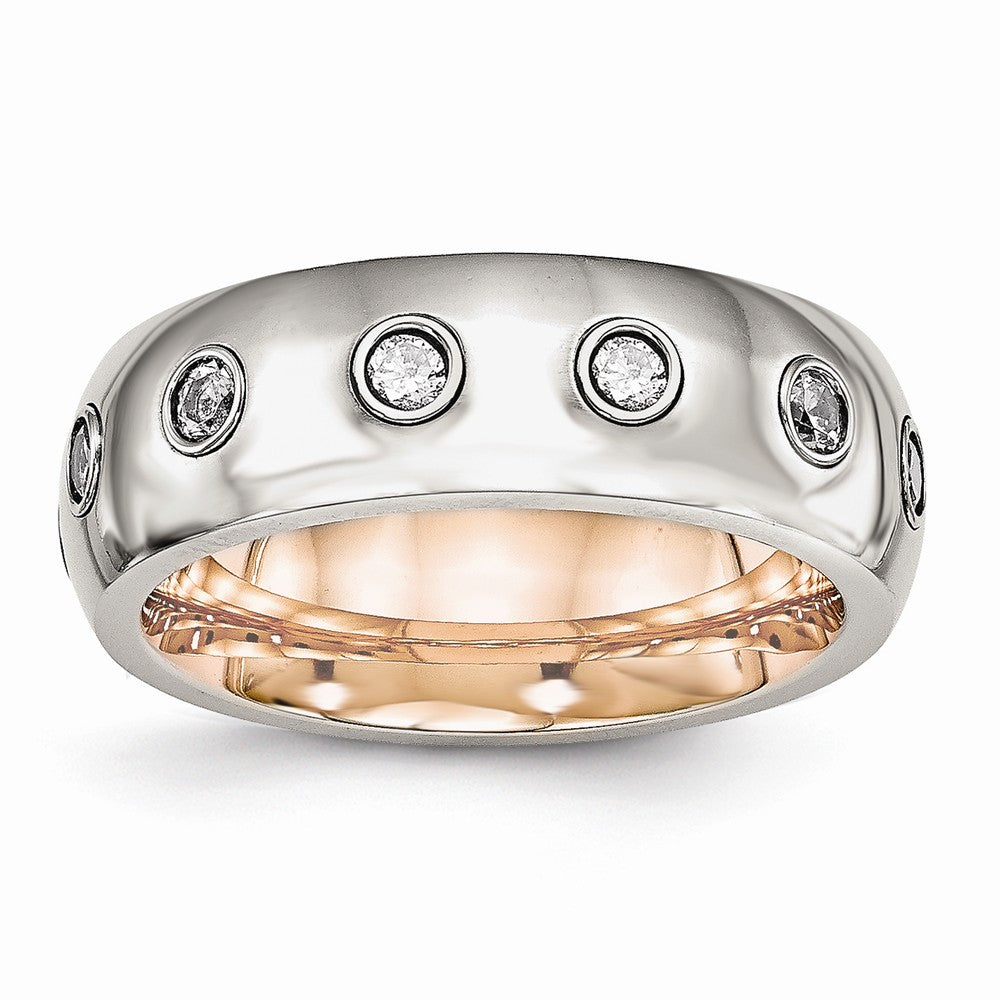 CZ Wedding Band in Stainless Steel with Rose IP Inlay, 7mm