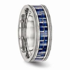 Stainless Steel Polished w/ Blue Carbon Fiber Inlay Textured Edge Ring