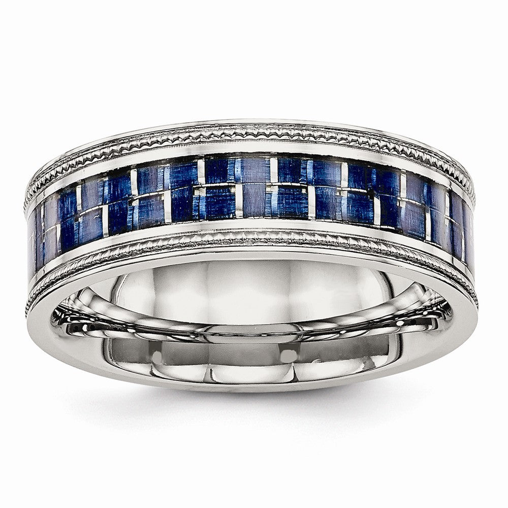 Stainless Steel Polished w/ Blue Carbon Fiber Inlay Textured Edge Ring