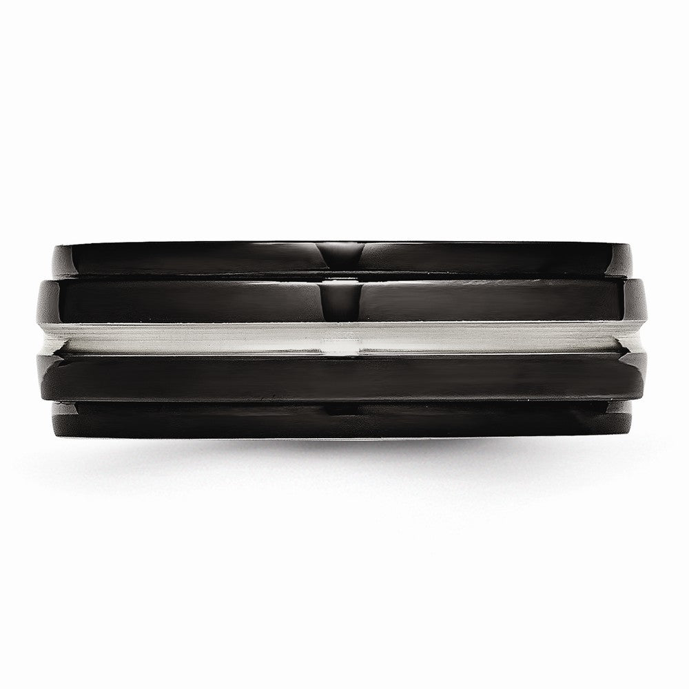Black Ridged-Edge Wedding Band in Stainless Steel, 8mm