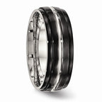 Black Ridged-Edge Wedding Band in Stainless Steel, 8mm