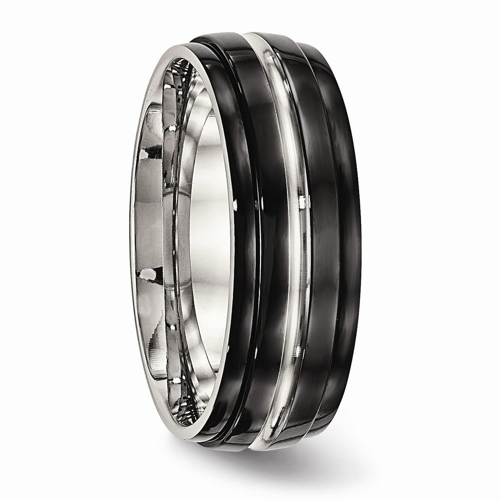 Black Ridged-Edge Wedding Band in Stainless Steel, 8mm