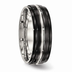 Stainless Steel Polished Black IP Ridged Edged Ring