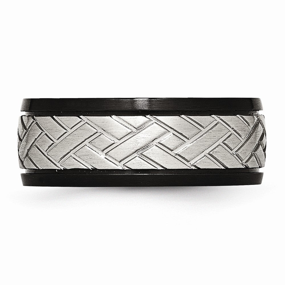 Stainless Steel Wedding Band with Brushed Black Grooved Finish - 7 - 7