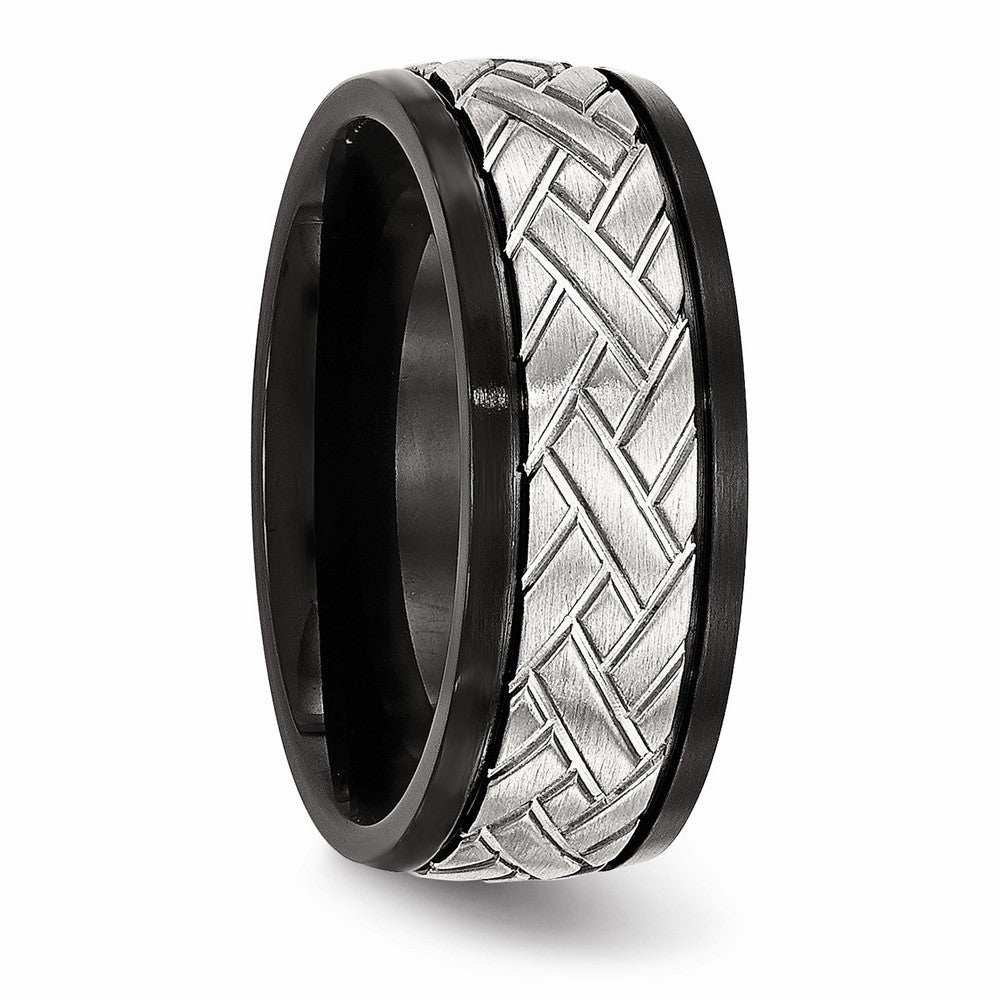 Stainless Steel Wedding Band with Brushed Black Grooved Finish - 7 - 7