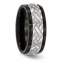 Stainless Steel Wedding Band with Brushed Black Grooved Finish - 7 - 7