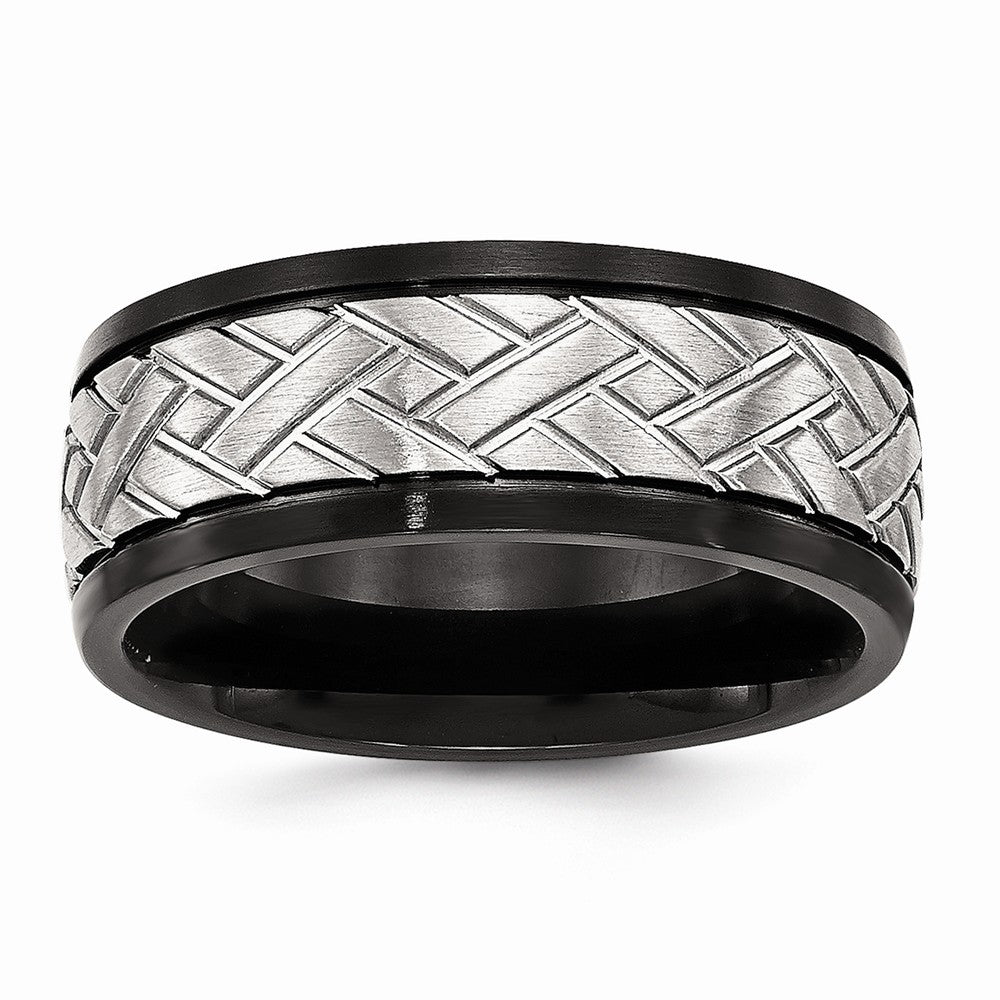 Stainless Steel Wedding Band with Brushed Black Grooved Finish - 7 - 7