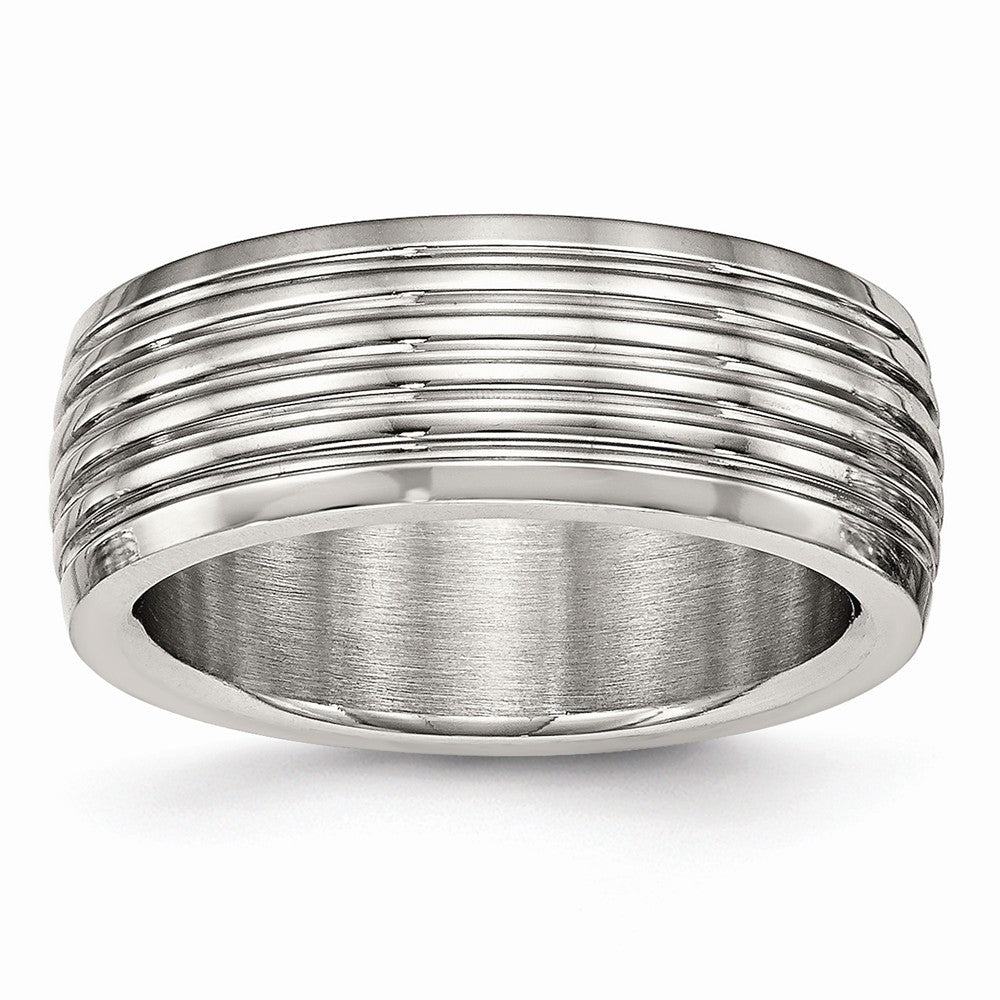 Grooved Wedding Band in Stainless Steel, 8mm