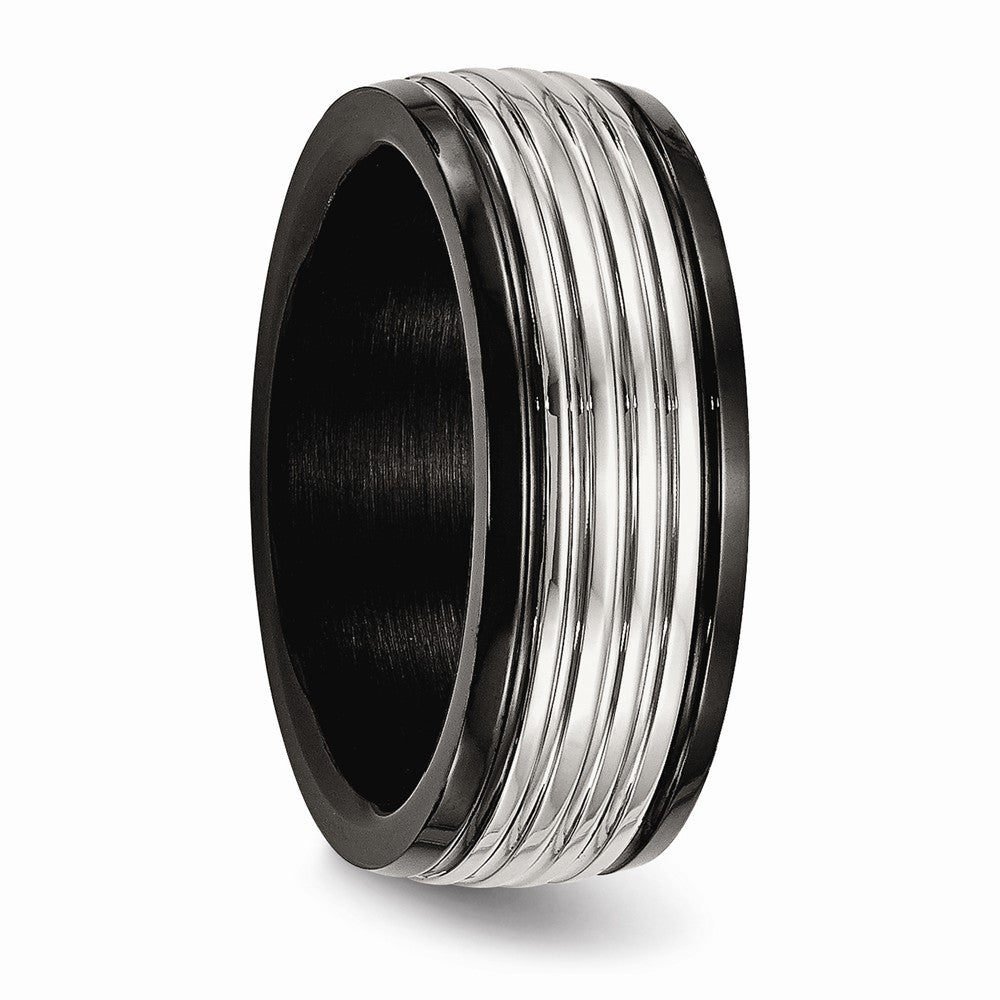 Black Grooved Wedding Band in Stainless Steel, 8mm