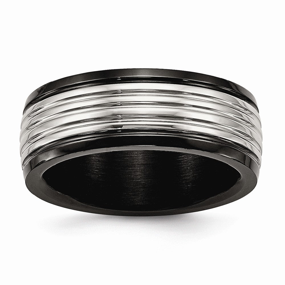 Black Grooved Wedding Band in Stainless Steel, 8mm