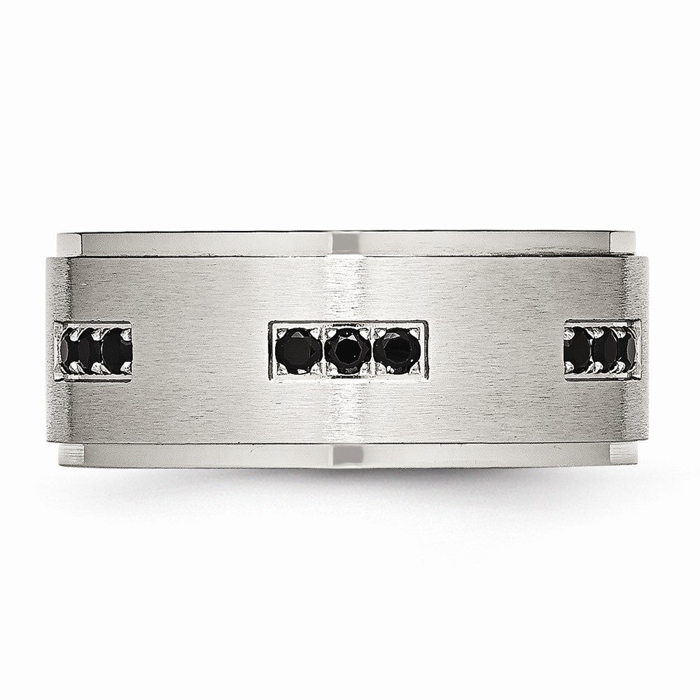 Black CZ Ridged-Edge Wedding Band in Stainless Steel, 9mm