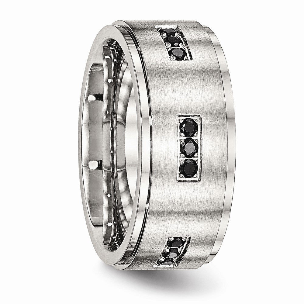 Black CZ Ridged-Edge Wedding Band in Stainless Steel, 9mm