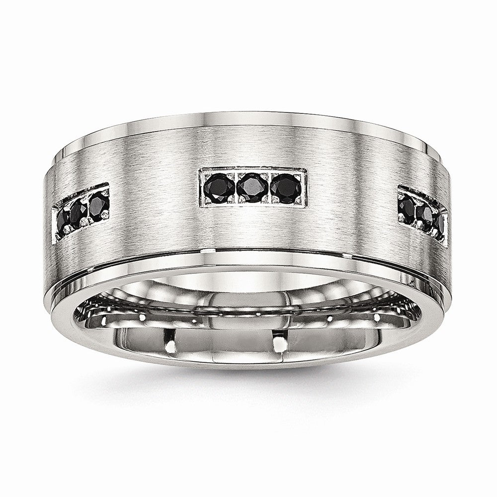 Black CZ Ridged-Edge Wedding Band in Stainless Steel, 9mm