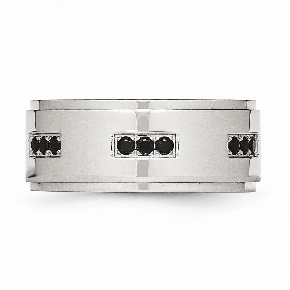 Black CZ Ridged-Edge Wedding Band in Stainless Steel, 9mm