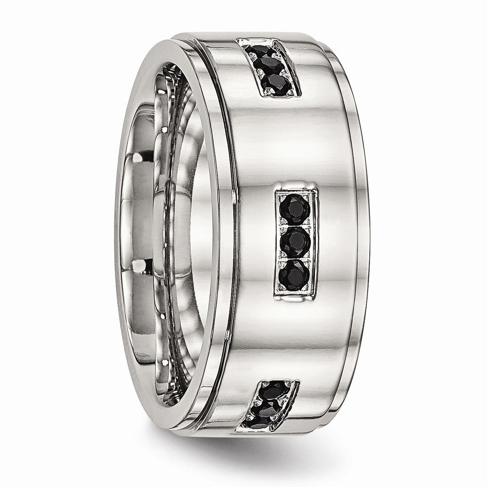 Stainless Steel Wedding Band with Black CZ and Ridged Edge