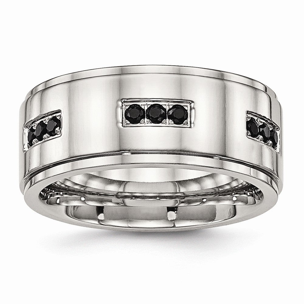 Black CZ Ridged-Edge Wedding Band in Stainless Steel, 9mm