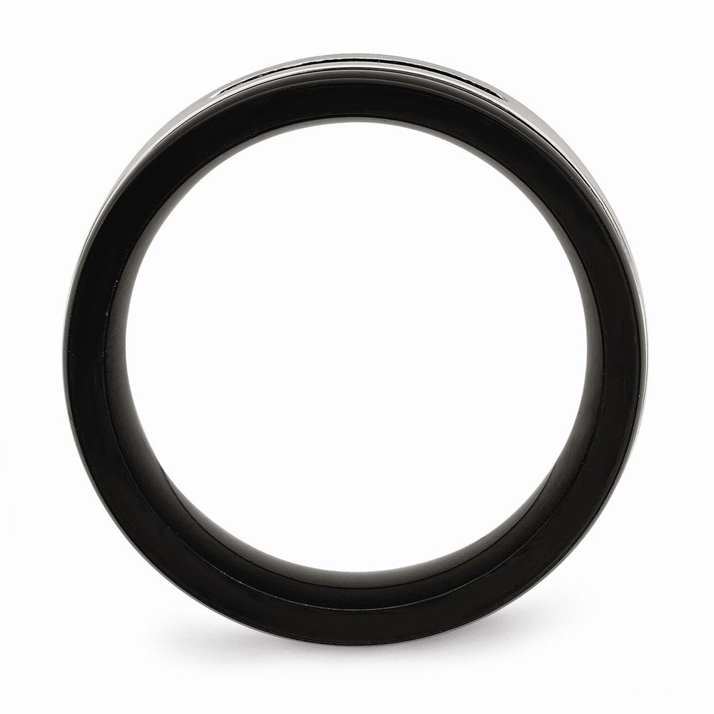 Stainless Steel Brushed/Polished Black IP Grooved Blk CZ Ring