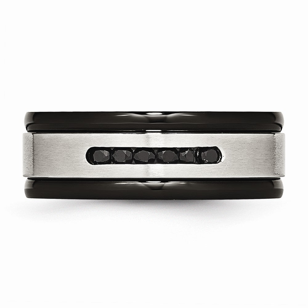 Black IP Grooved Wedding Band in Stainless Steel with Black CZ, 8mm