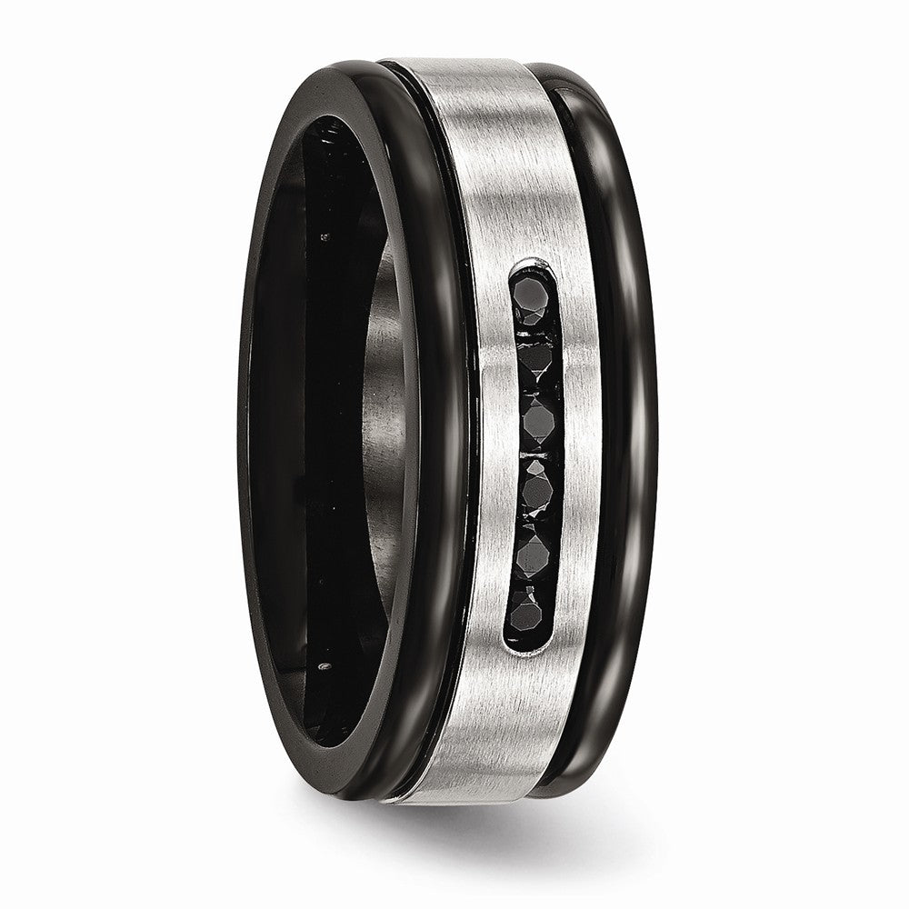 Black IP Grooved Wedding Band in Stainless Steel with Black CZ, 8mm