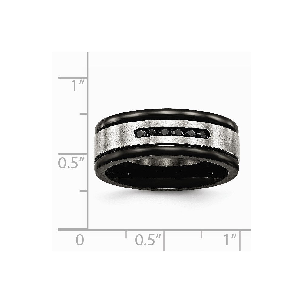 Stainless Steel Brushed/Polished Black IP Grooved Blk CZ Ring