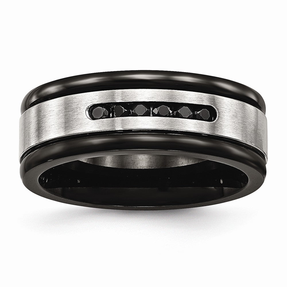 Stainless Steel Brushed/Polished Black IP Grooved Blk CZ Ring