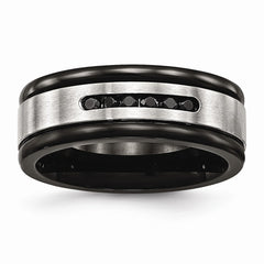 Stainless Steel Brushed/Polished Black IP Grooved Blk CZ Ring