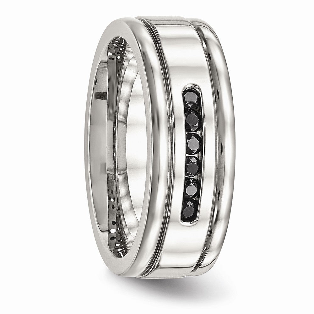 Stainless Steel Polished Grooved Black CZ Ring