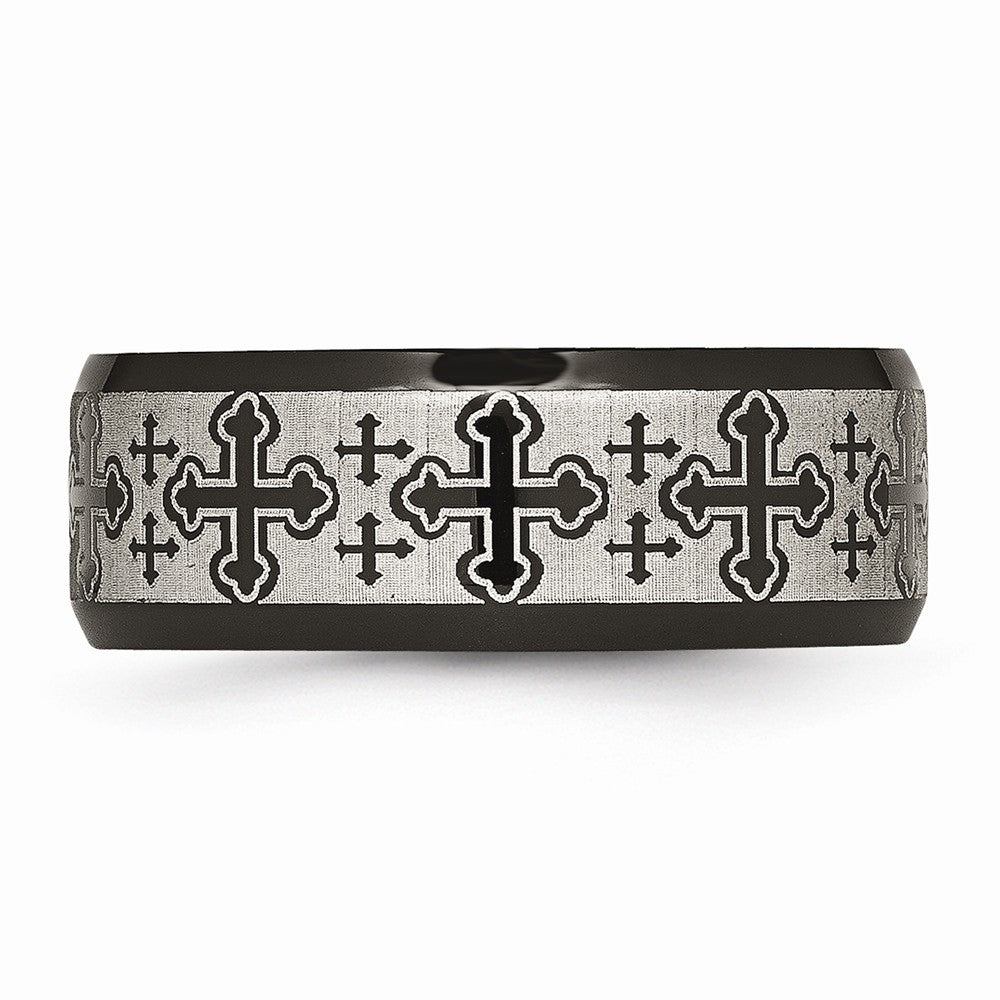 Stainless Steel Brushed/Polished Black IP Laser Etched Pattern Ring