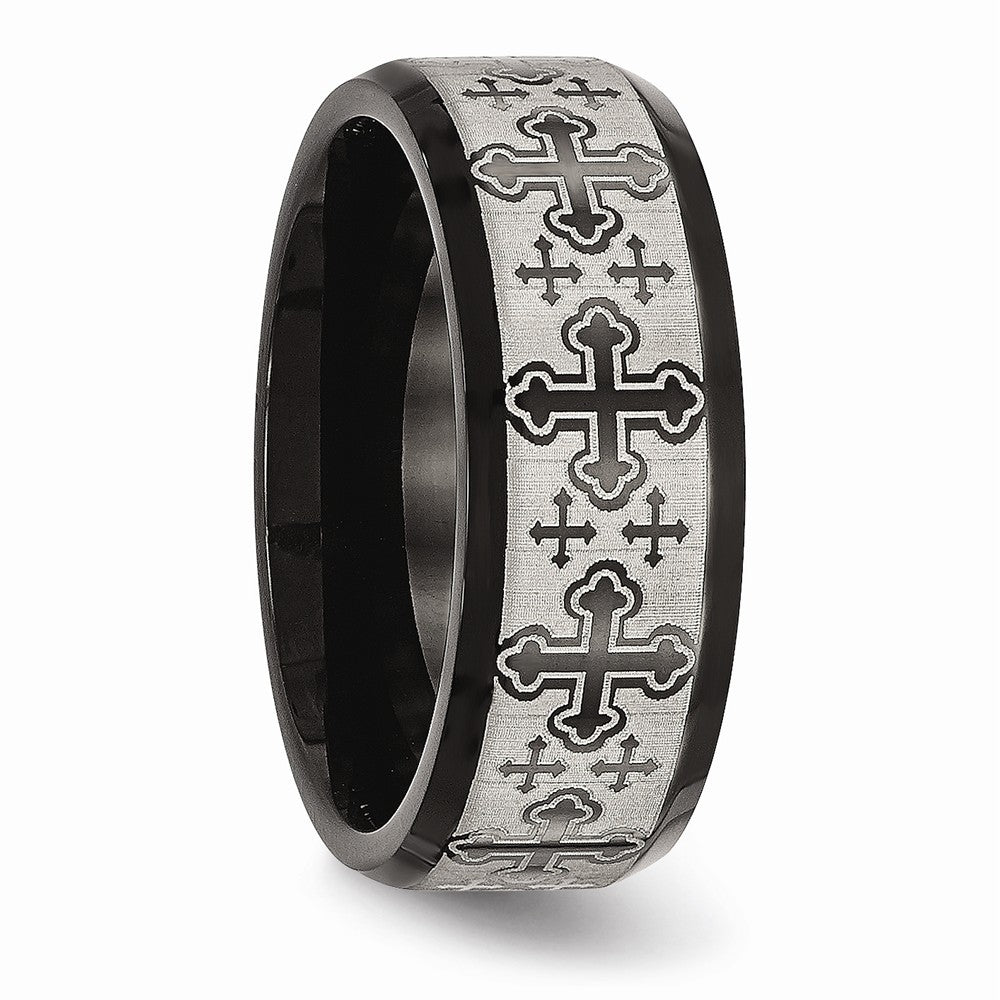 Stainless Steel Brushed/Polished Black IP Laser Etched Pattern Ring