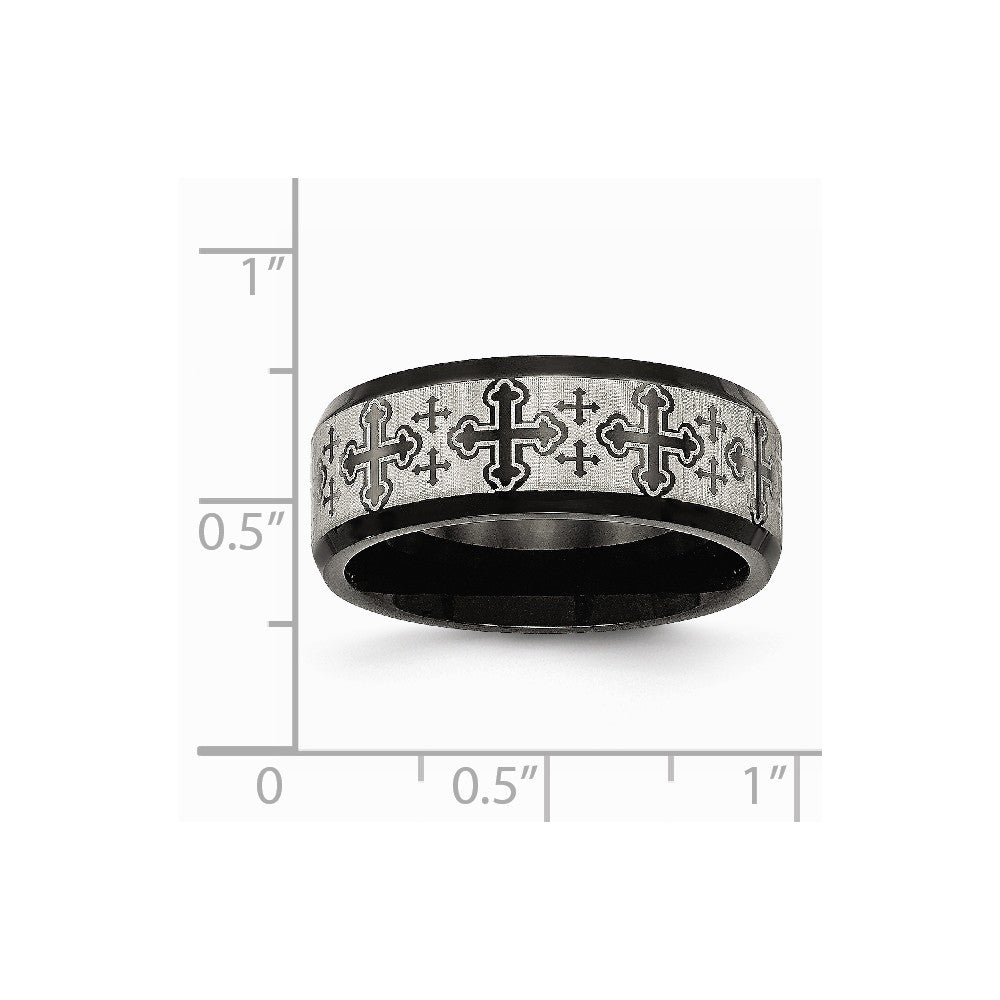 Stainless Steel Brushed/Polished Black IP Laser Etched Pattern Ring