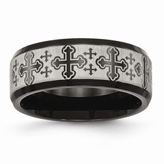 Stainless Steel Brushed/Polished Black IP Laser Etched Pattern Ring