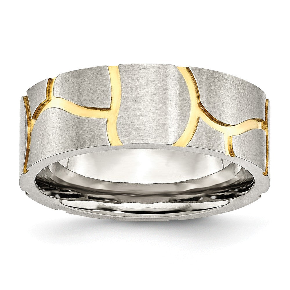 Grooved Wedding Band in Stainless Steel & Gold-Tone IP, 8mm Main image
