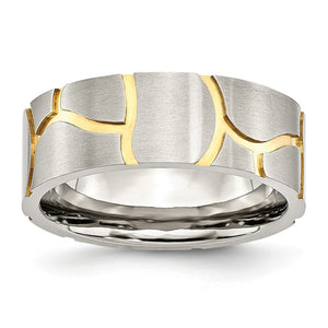 Men's Grooved Wedding Band in Gold-Tone Stainless Steel, 8mm Brushed - Sophia Jewelers
