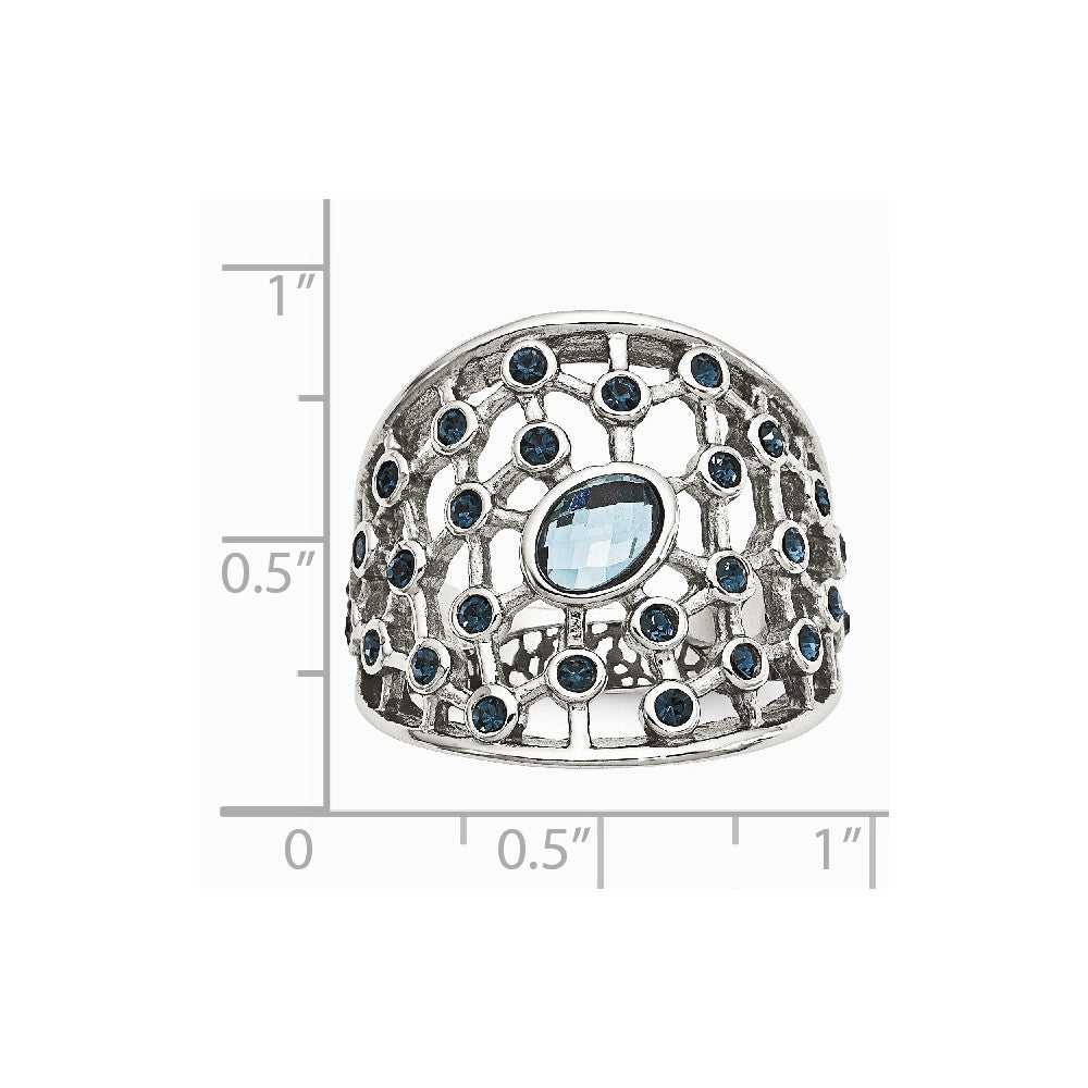 Stainless Steel Polished Blue Glass and Preciosa Crystal Ring