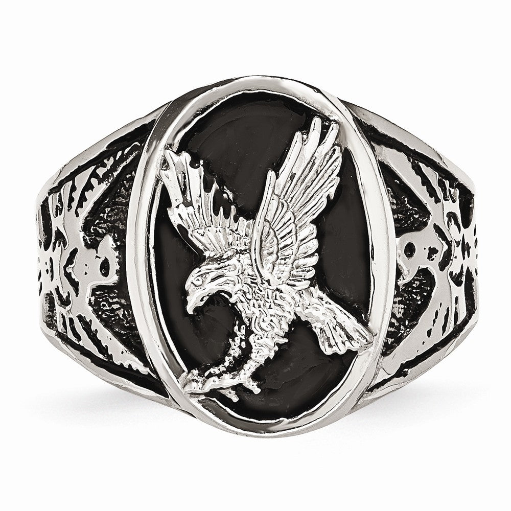 Stainless Steel Men's Ring with Polished Black Enamel Eagle Design