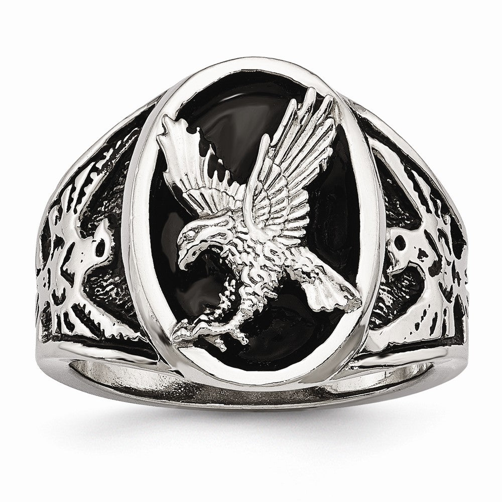 Stainless Steel Men's Ring with Polished Black Enamel Eagle Design Main image