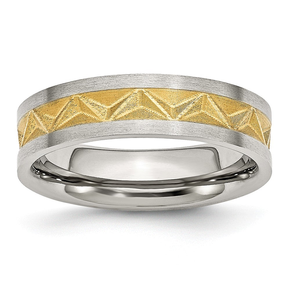 Grooved Wedding Band in Stainless Steel with Gold IP Plating, 8mm