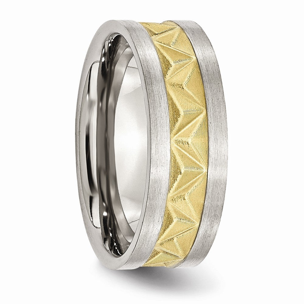 Grooved Wedding Band in Stainless Steel with Gold IP Plating, 8mm