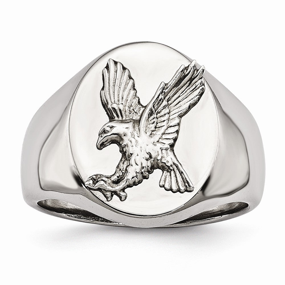 Stainless Steel Men's Eagle Ring with Polished Rhodium Elegance