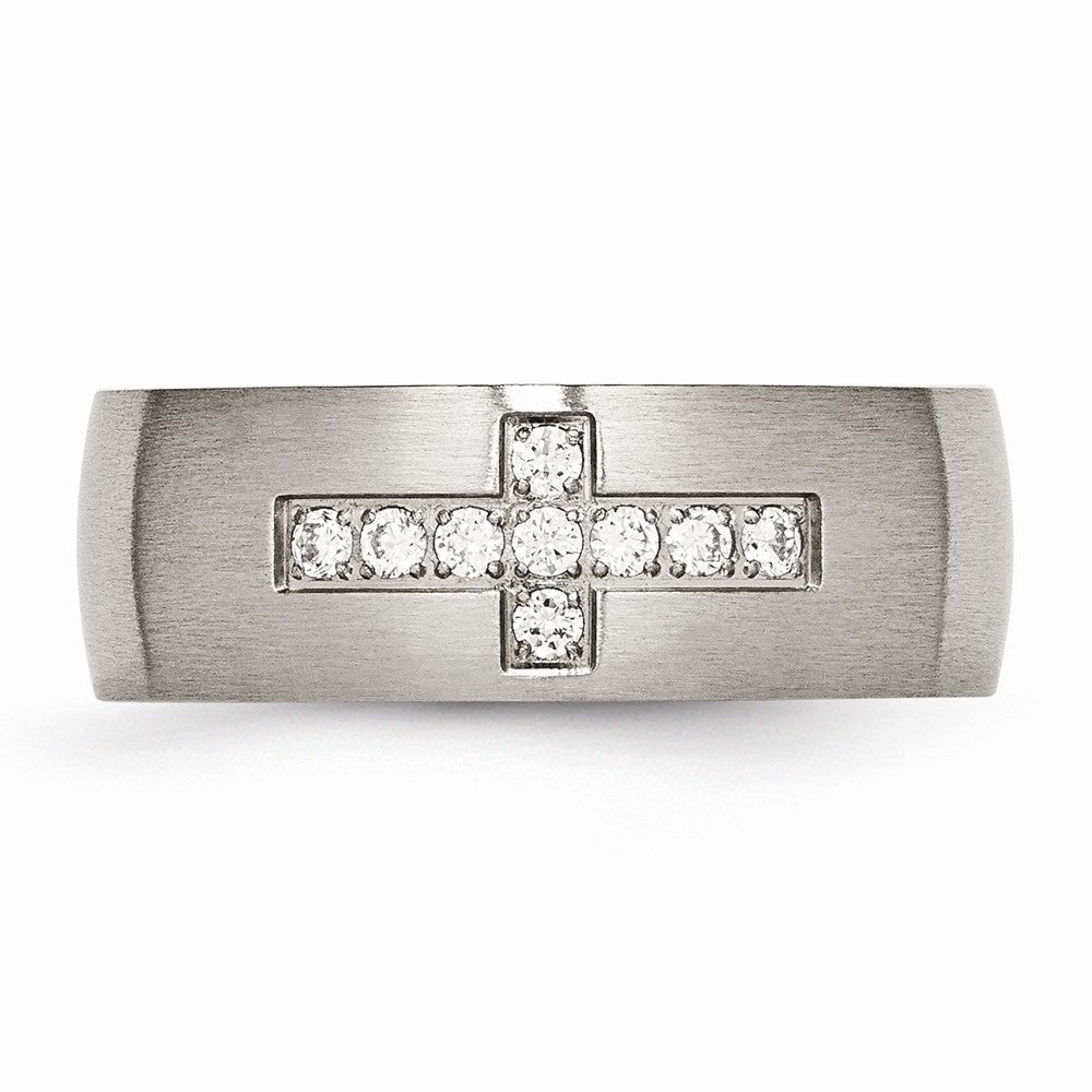 Stainless Steel Brushed CZ Cross Ring