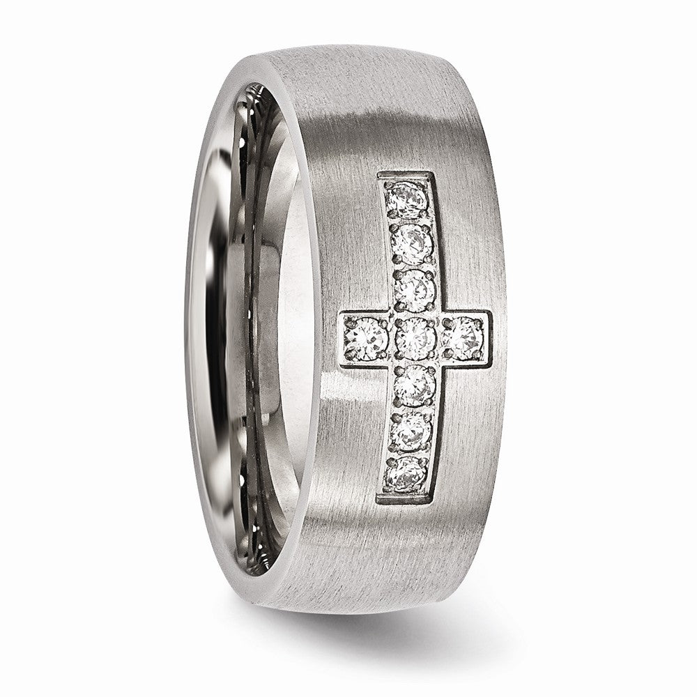 Stainless Steel Brushed CZ Cross Ring