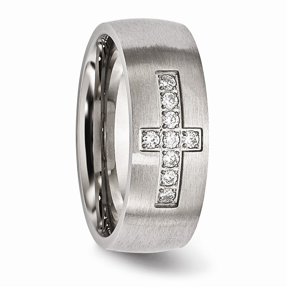 Cross CZ Band Ring in Stainless Steel, 7.75mm