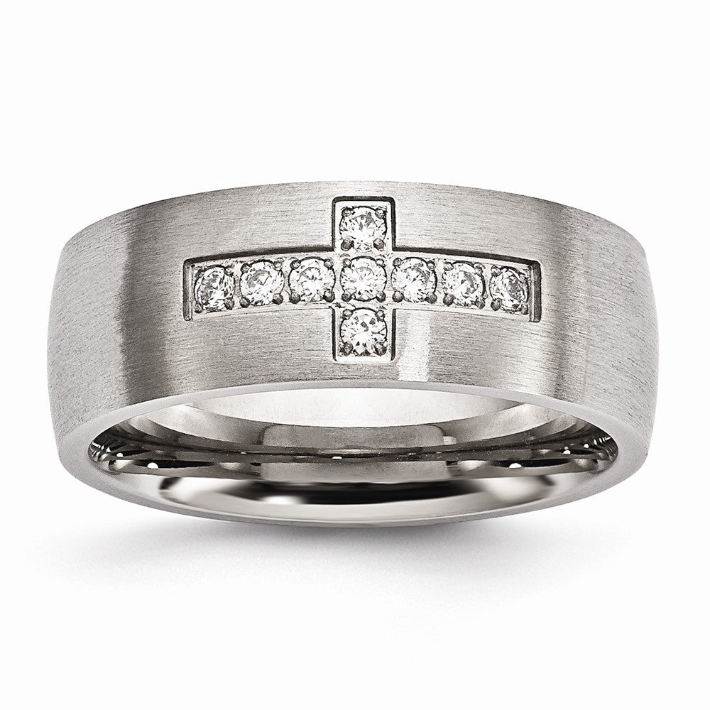 Cross CZ Band Ring in Stainless Steel, 7.75mm