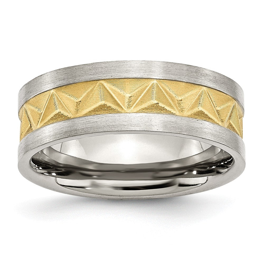 Grooved Wedding Band in Stainless Steel with Gold IP Plating, 8mm