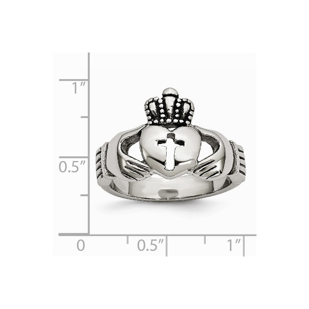 Stainless Steel Polished Antiqued Claddagh with Cross Ring