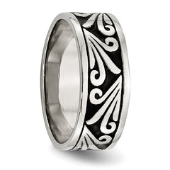 Stainless Steel Antiqued and Polished Fancy Design 8mm Ridged Edge Band